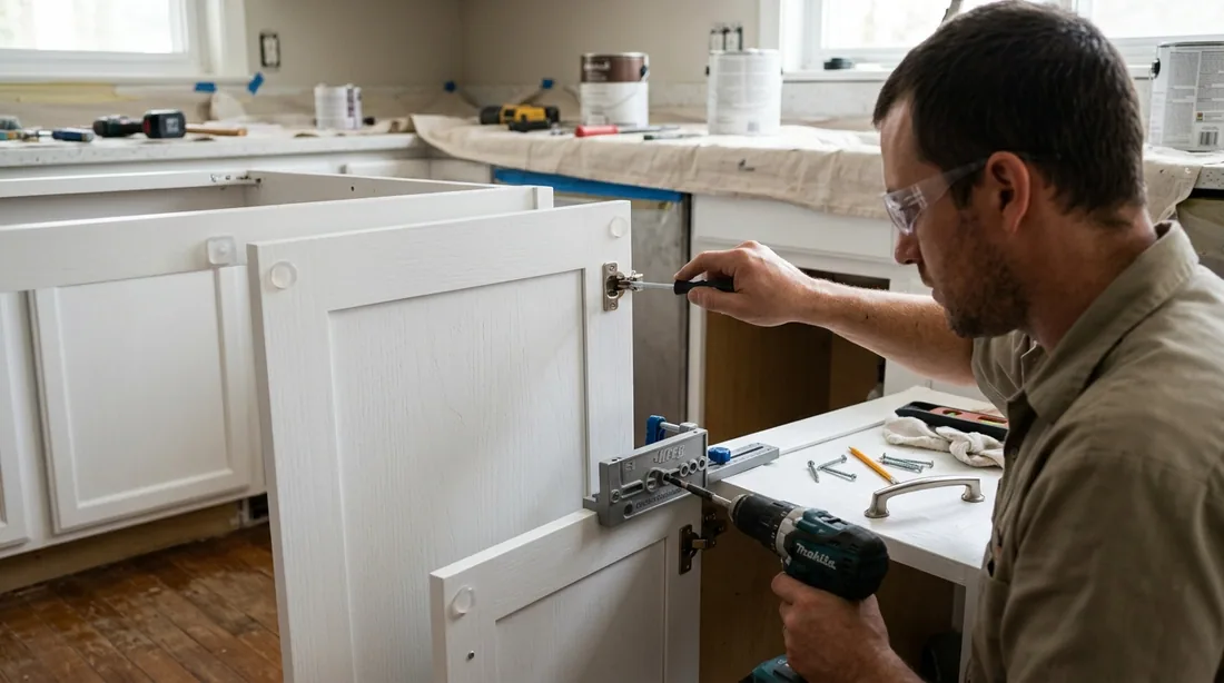 Doors go back on, hinges are adjusted so reveals line up, and new hardware is drilled from a jig — Pueblo, CO