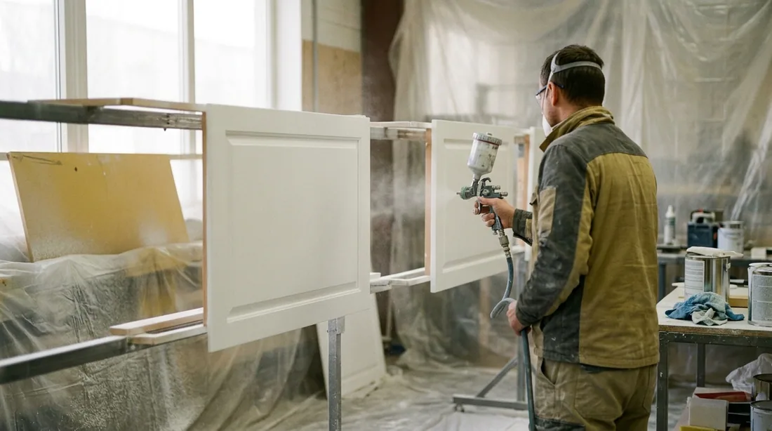 Doors are sprayed flat in a controlled area, two thin coats with a light sand between — Pueblo, CO