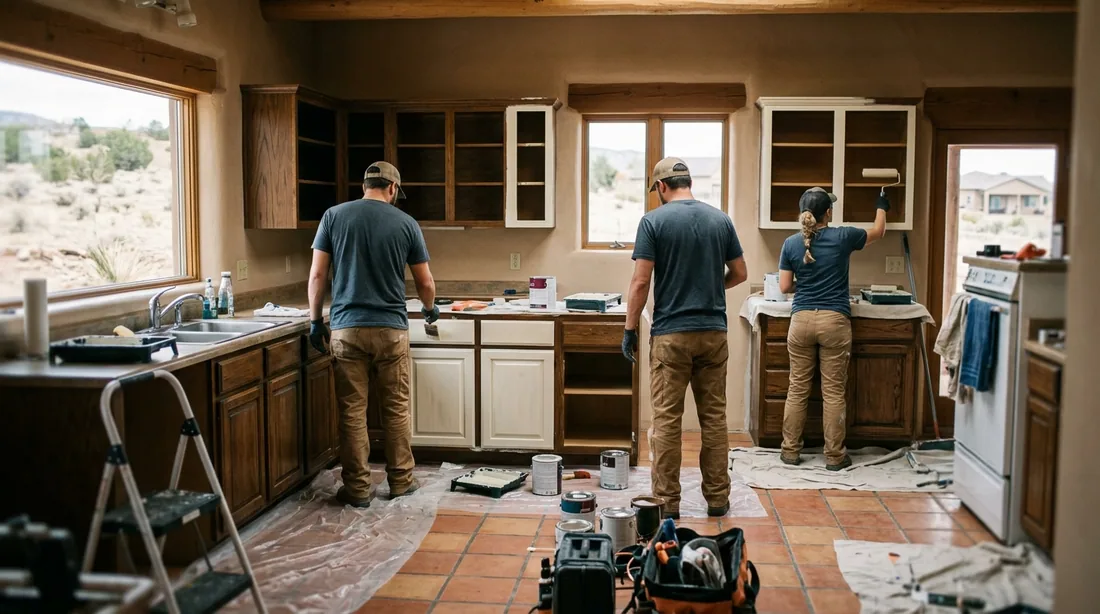 A small professional crew working on a cabinet painting job at a property, seen from behind and at — Pueblo, CO